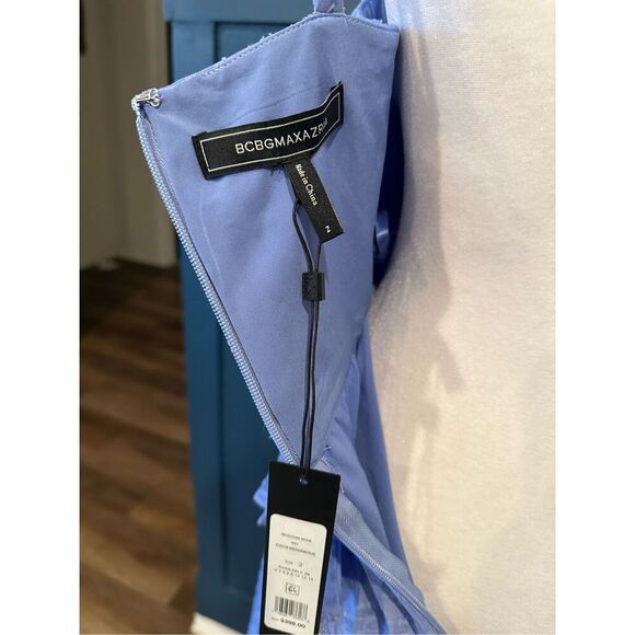 BCBGMAXAZRIA FIT AND FLARE PLEATED ASYMMETRIC MIDI DRESS - Picture 7 of 8